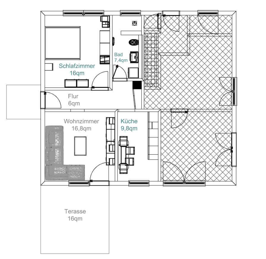 Hier ist der aktuelle Grundriss mit schematischer Einrichtung der 60qm großen Ferienwohnung im Allgäu in Weiler-Simmerberg zu sehen.